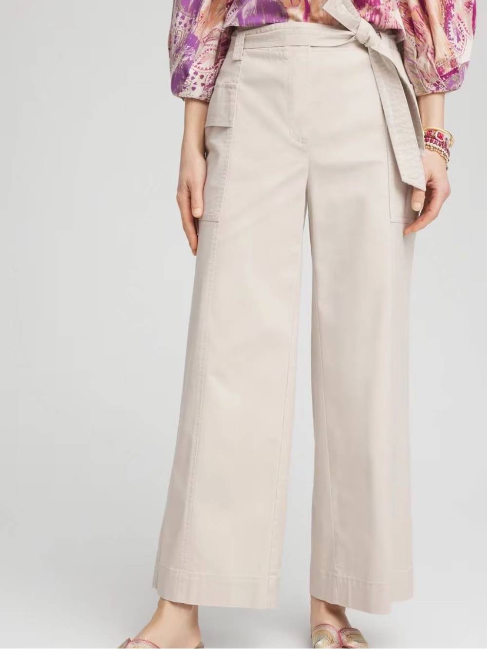 Chico’s 6 (0.5R) Pants Belted Twill Utility Cropped Pants in Smokey Taupe NWT
